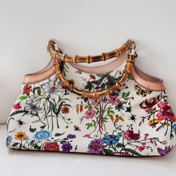 Gucci Handbags - Gucci bamboo floral canvas bag, RARE